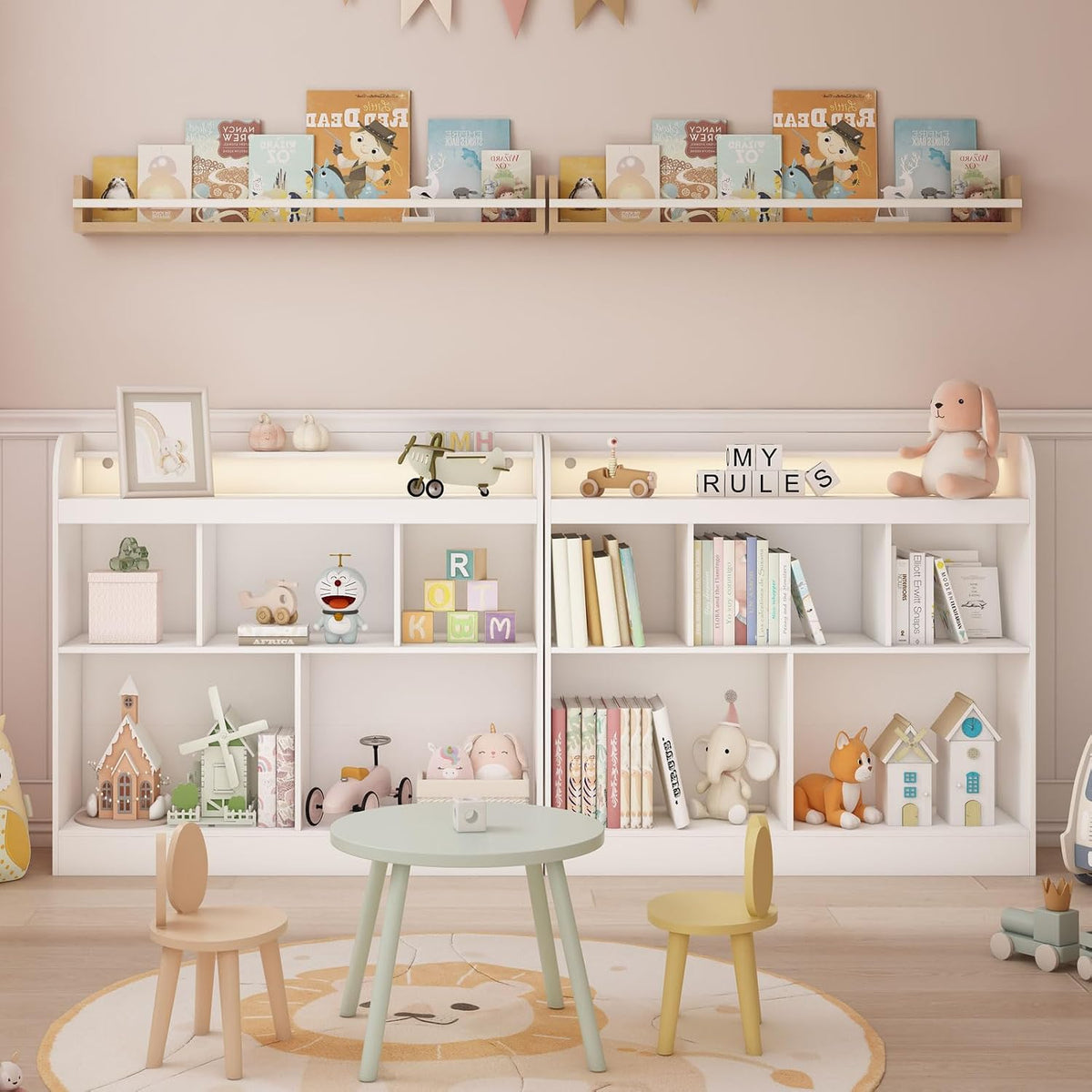 Lkeiyay Open Shelf Kids Bookcase,Montessori Toy Organizer with LED Lights - White Wooden Open Bookcase for Kids, Bedroom, Back to School,Playrooms & Nurseries