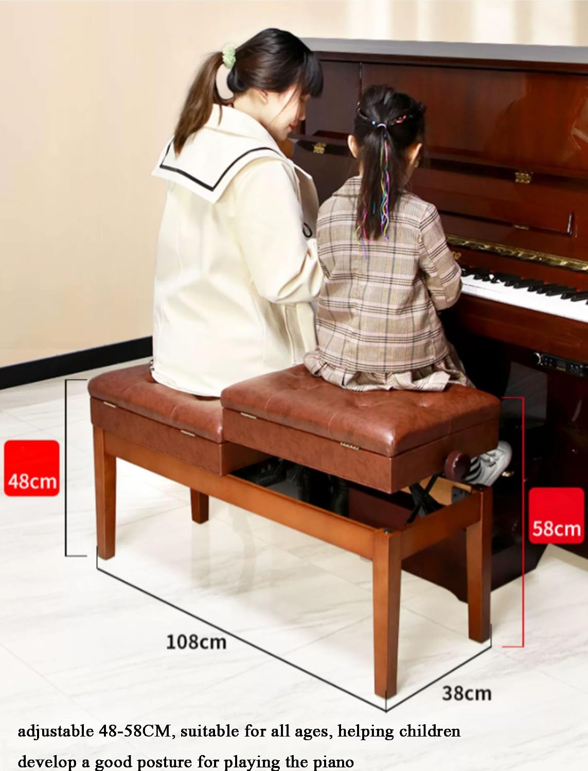 Piano Stool Double Piano Stool with Storage Adjustable Height Keyboard Bench Vanity Stool Pu Leather Adjustable 55-65cm (Black)