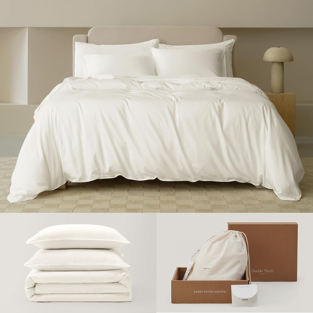Double Stitch Cotton Tencel Duvet Cover - Queen Size Comforter Cover, Luxury & Soft Eucalyptus Lyocell Bedding Set for Hot Sleepers, Cooling, Smooth & Breathable, Button Closure, Cream, 90'x90'
