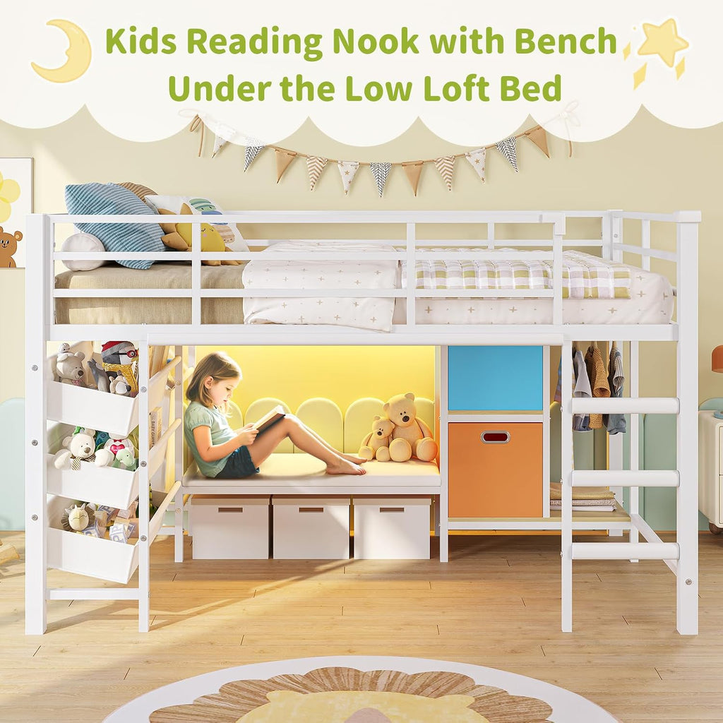 DICTAC Low Loft Bed Twin Size with Reading Corner Metal Twin Loft Bed with LED Lights,Sling Drawers and Bookshelf,loft Bed with Storage Basket and Bins,13.98' H Safety Guardrail and Stairs,White