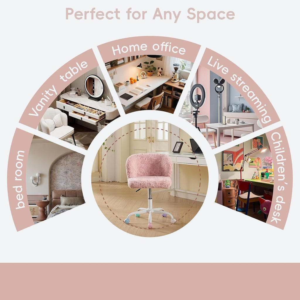 Faux Fur Vanity Desk Chair with White Metal Base – Adjustable Swivel Rolling Office Chair with Wheels, Comfy Makeup Chair for Bedroom, Study, Girls' Room, Home Office & Task Use, Baby Pink