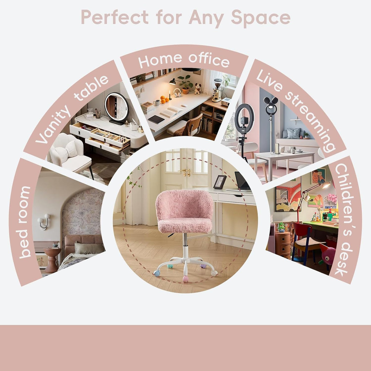 Faux Fur Vanity Desk Chair with White Metal Base – Adjustable Swivel Rolling Office Chair with Wheels, Comfy Makeup Chair for Bedroom, Study, Girls' Room, Home Office & Task Use, Baby Pink
