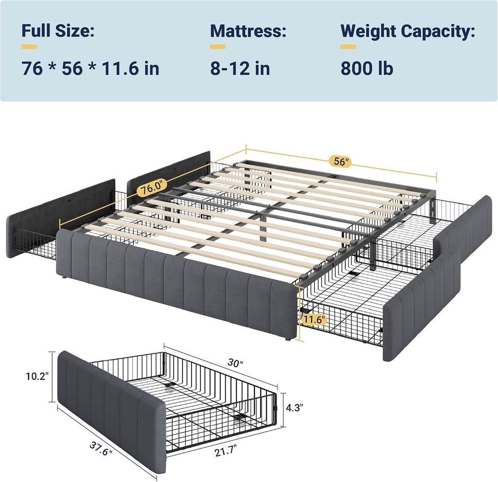 Allewie Full Size Platform Bed Frame with 4 Large Storage Drawers, Velvet Vertical Channel Tufted Upholstered Bed Base, Wooden Slats Support, Noise-Free, No Box Spring Needed, Easy Assembly, Grey