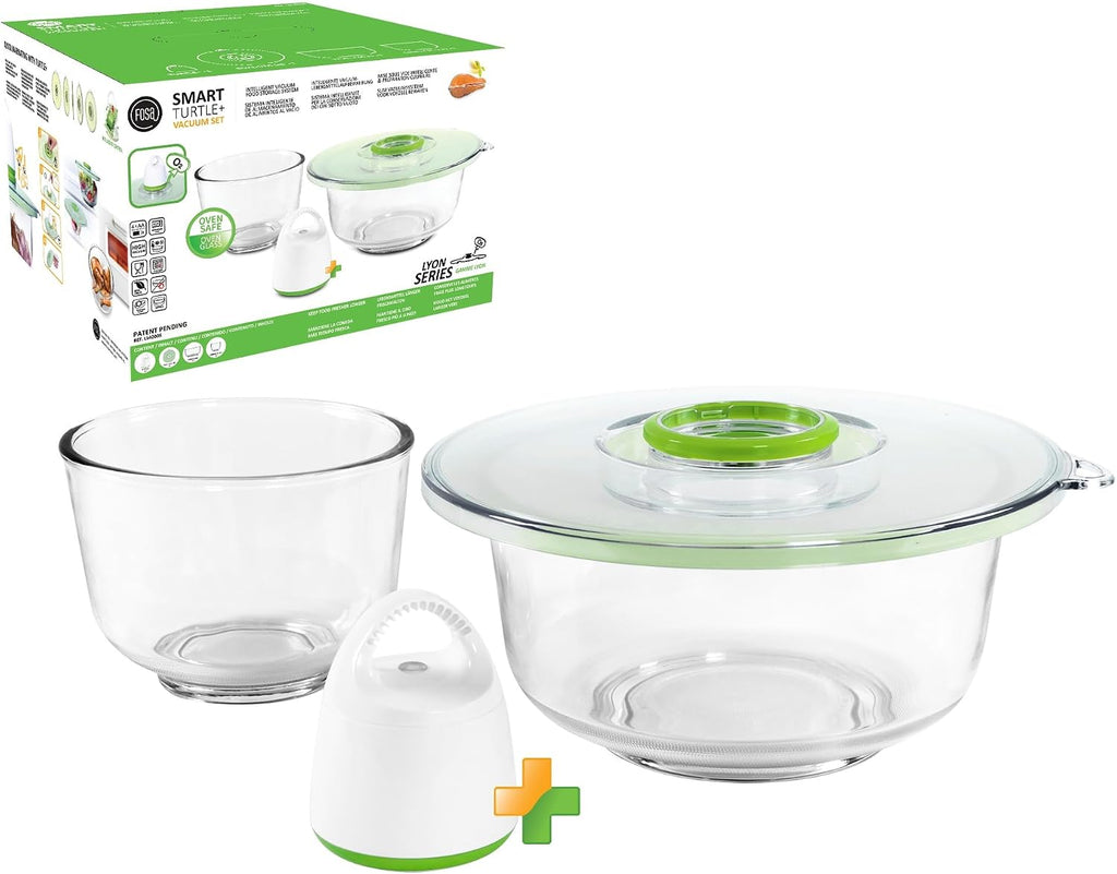 FOSA Vacuum Glass Mixing Bowls and Dual-Vac Lid Combo set - Nesting Salad Bowl - Ideal for Baking, Prepping, Serving, and Food Storage - Microwave & Dishwasher Safe, Heat-Resistant Borosilicate Glass