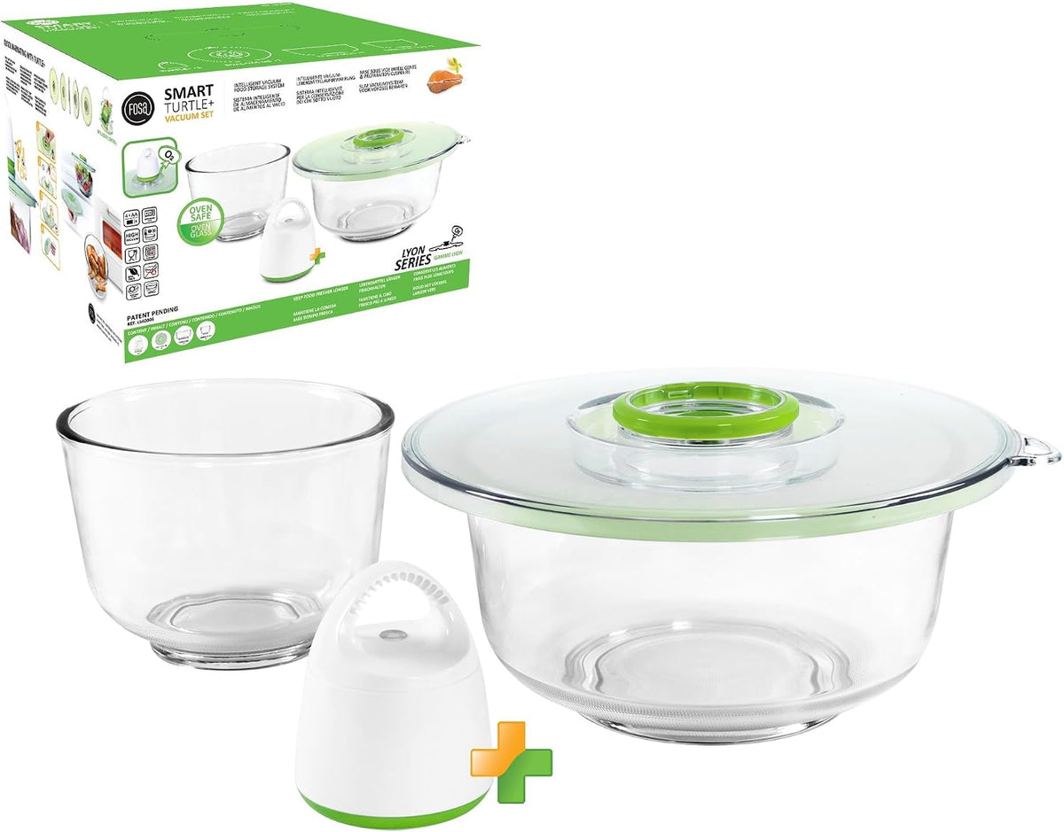 FOSA Vacuum Glass Mixing Bowls and Dual-Vac Lid Combo set - Nesting Salad Bowl - Ideal for Baking, Prepping, Serving, and Food Storage - Microwave & Dishwasher Safe, Heat-Resistant Borosilicate Glass
