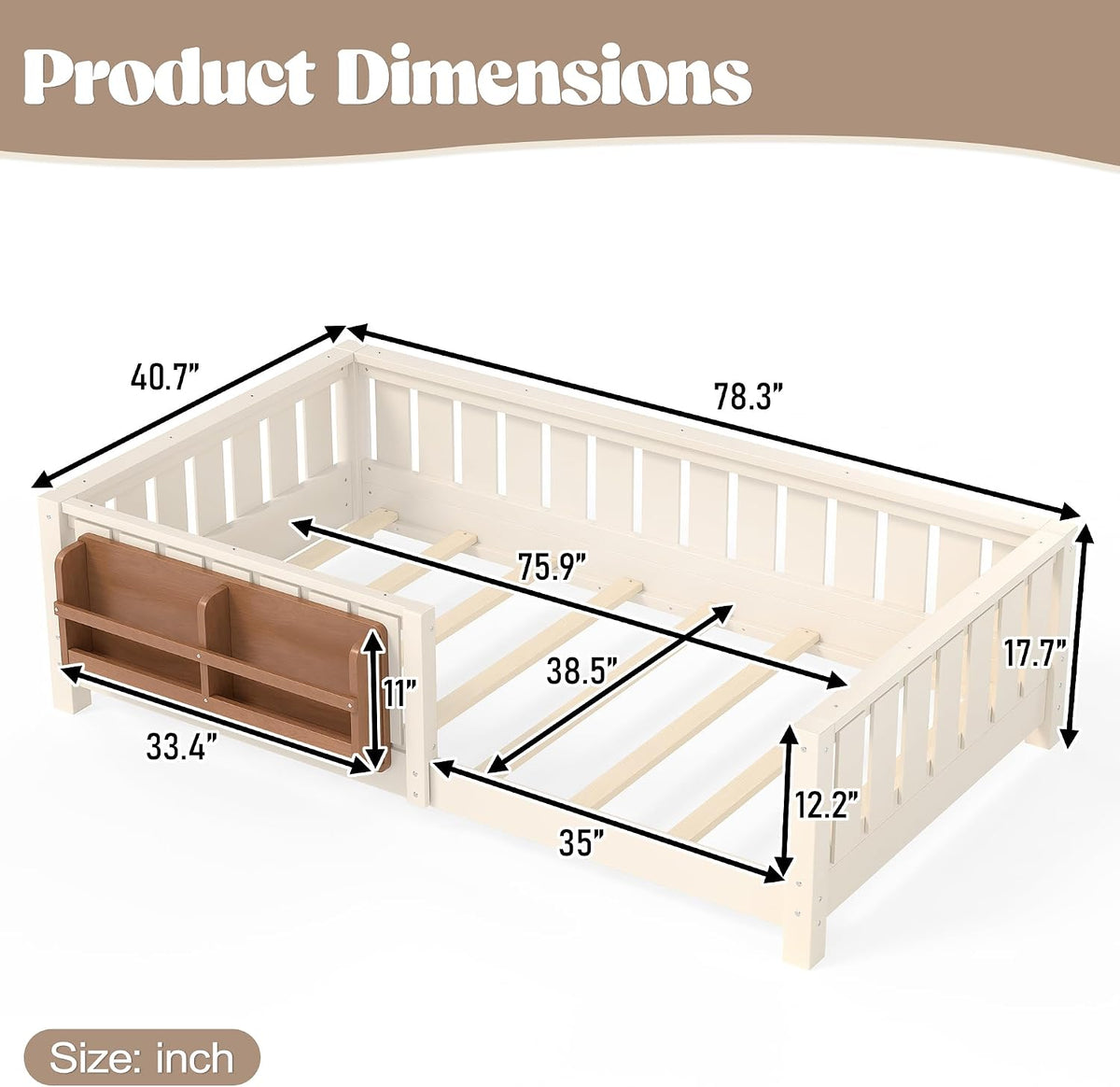 Bellemave Twin Size Montessori Floor Bed with Rails and Slats, Twin Size Floor Bed with Bookshelf and Fence, Low Profile Montessori Beds Frame for Girls, Boys, Beige
