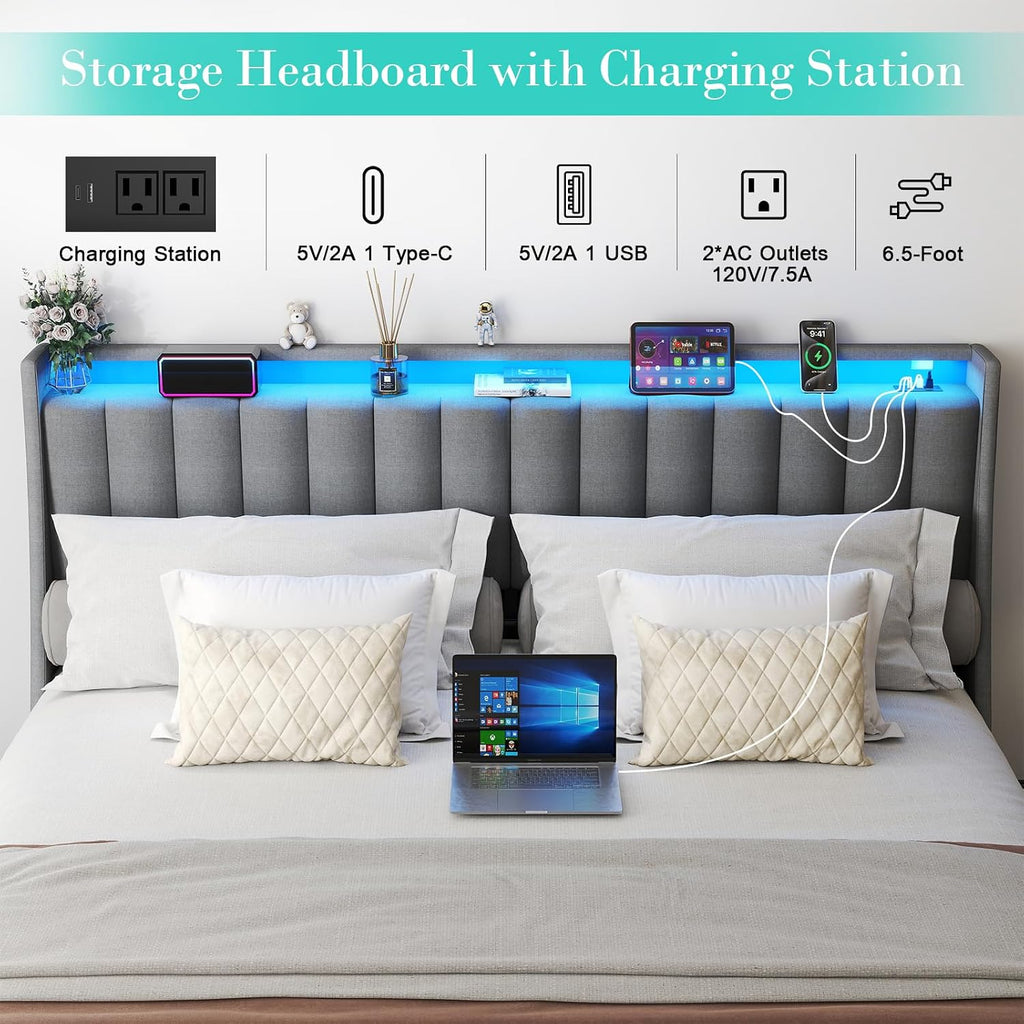 Doltoro King Size Bed Frame with 4 Storage Drawers and Headboard, Upholstered King Platform Bed with Charging Station and LED Lights, Noise-Free, No Box Spring Needed, Easy Assembly, Gray