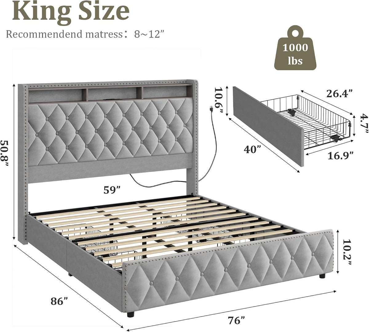 IDEALHOUSE King Size Bed Frame with 50.8' Tall Headboard and 4 Storage Drawers, Platform Velvet Upholstered Bed Frame with Charging Station, Led Lights, No Box Spring Needed, Easy Assembly, Grey
