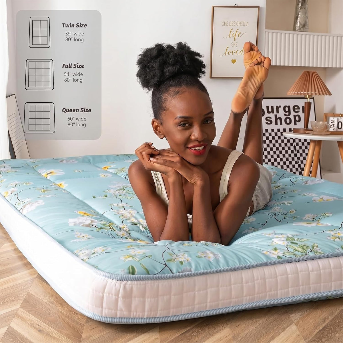 MAXYOYO Rustic Floral Korean Futon Mattress, Padded Japanese Floor Mattress Quilted Mattress Topper, Extra Thick Folding Sleeping Pad Breathable Floor Lounger Guest Couch for Camping, Queen