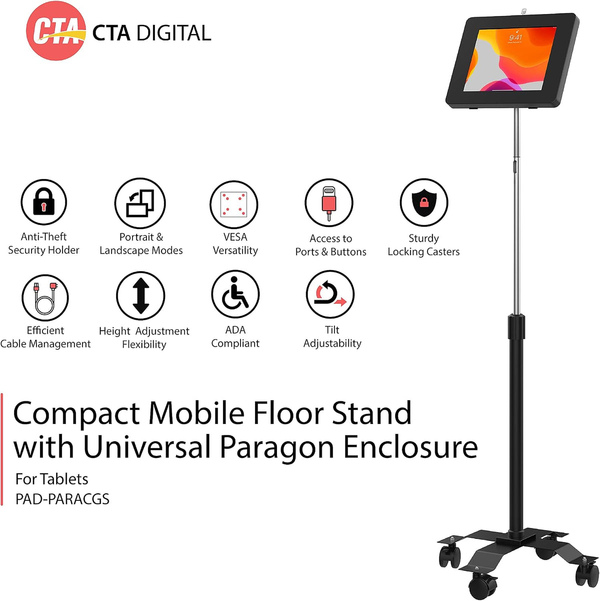 CTA Digital PAD-PARACGS Compact Mobile Floor Stand with Universal Security Enclosure