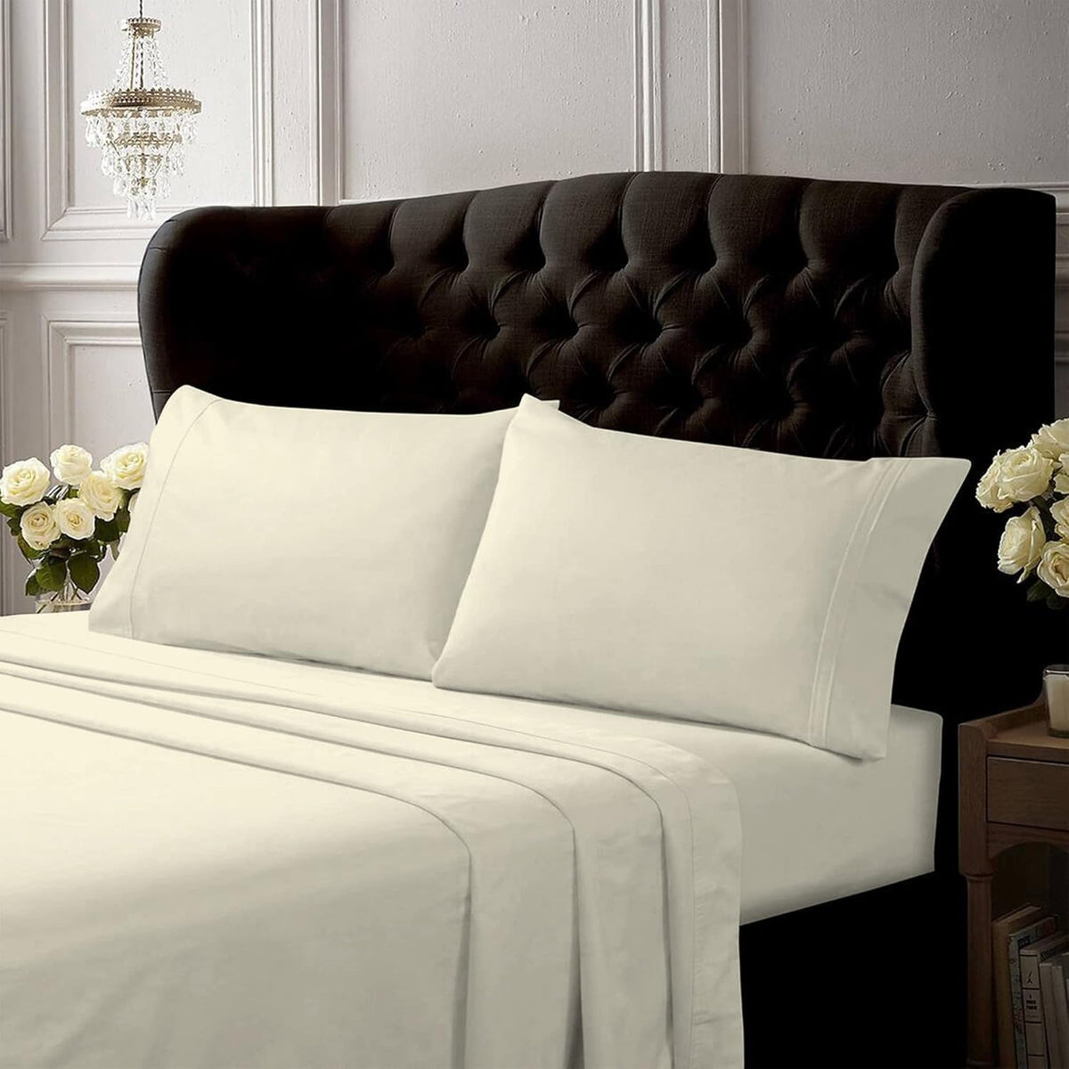 Tribeca Living Queen Bed Sheet Set, Crisp and Smooth Egyptian Cotton Percale Solid Sheets and Pillowcase Set, Extra Deep Pocket, 350 Thread Count, 4-Piece Luxury Bedding, Ivory