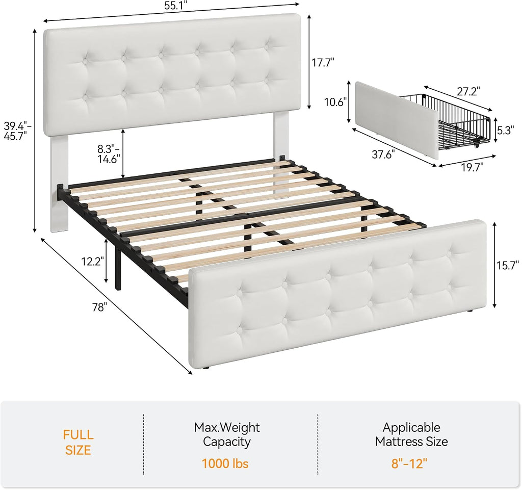 GarveeHome Full Size Bed Frame with 4 Storage Drawers and Headboard, Faux Leather Upholstered Platform Bed Frame with Wooden Slats Support, Button Tufted Design, No Box Spring Needed, Beige