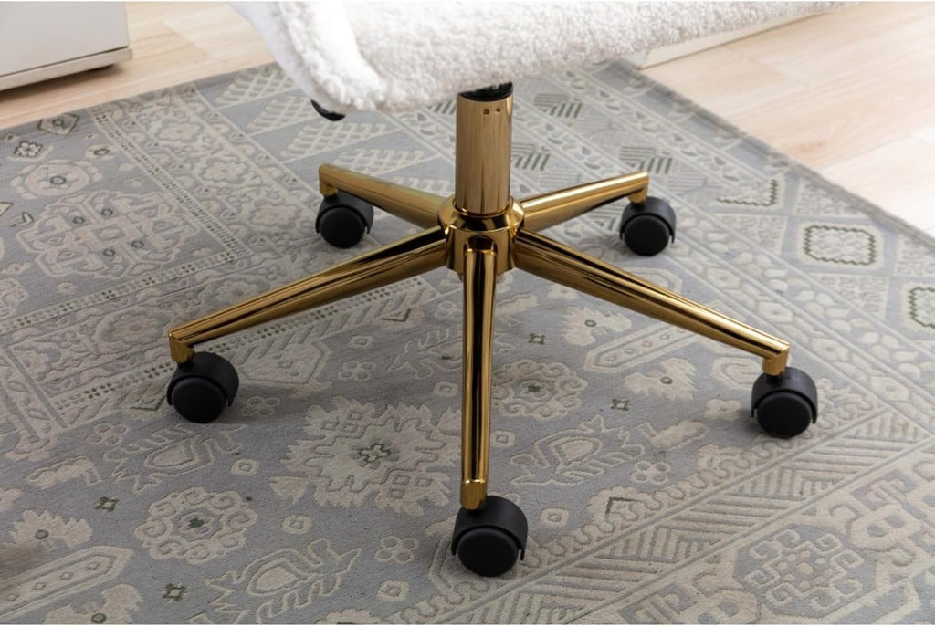 Hassyee Modern Teddy Fabric Material Adjustable Height 360 Revolving Home Office Chair with Gold Metal Legs and Universal Wheel for Indoor (White)