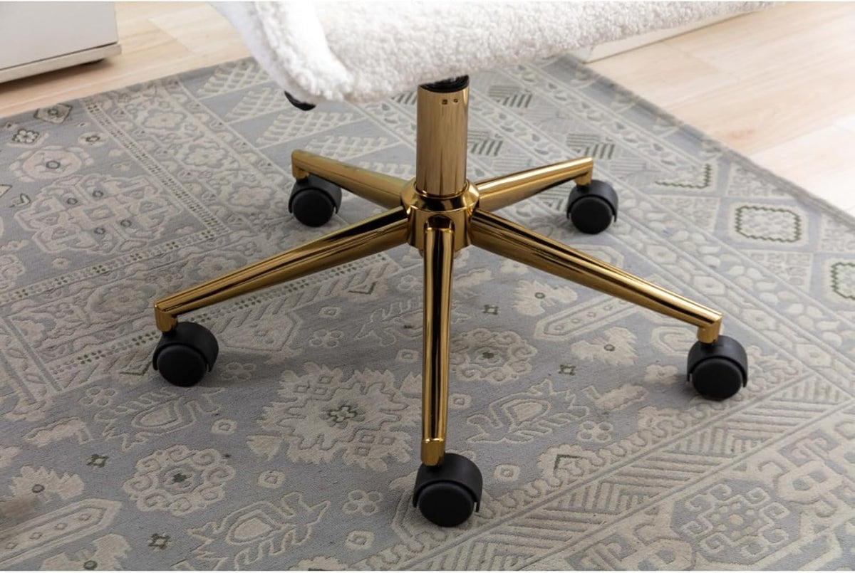 Hassyee Modern Teddy Fabric Material Adjustable Height 360 Revolving Home Office Chair with Gold Metal Legs and Universal Wheel for Indoor (White)