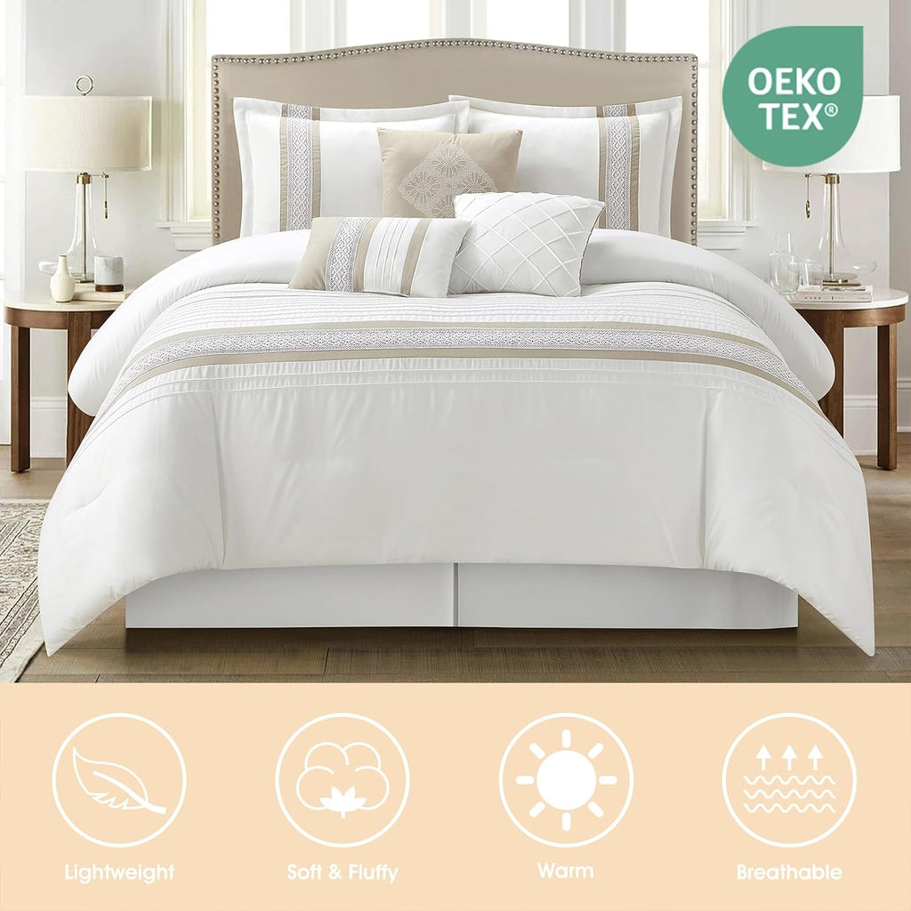 LANCO MODERN LIFESTYLE 7 Piece Comforter Set, Taupe White, King Size, Boho Style Geometric Microfiber Embroidery, Bed in a Bag with Bedskirt, Pillow Shams and Decor Pillows