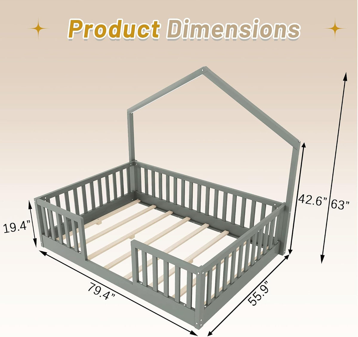 Full Size House Bed for Kids, Low Profile Full Montessori Bed with High Railings, Wood House Shape Montessori Beds with Light & Roof for Kids, Gray
