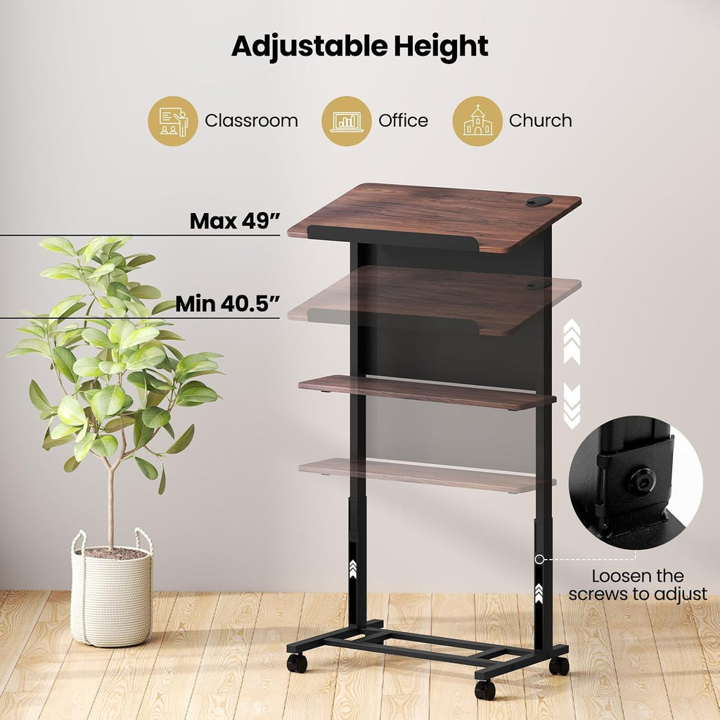 Tangkula Rolling Podium Stand, 3-Position Height Adjustable Lectern Table with Tilted Tabletop, Mobile Laptop Cart with Storage Shelf, Lockable Casters, Ideal for Classroom, Office (2, Walnut)