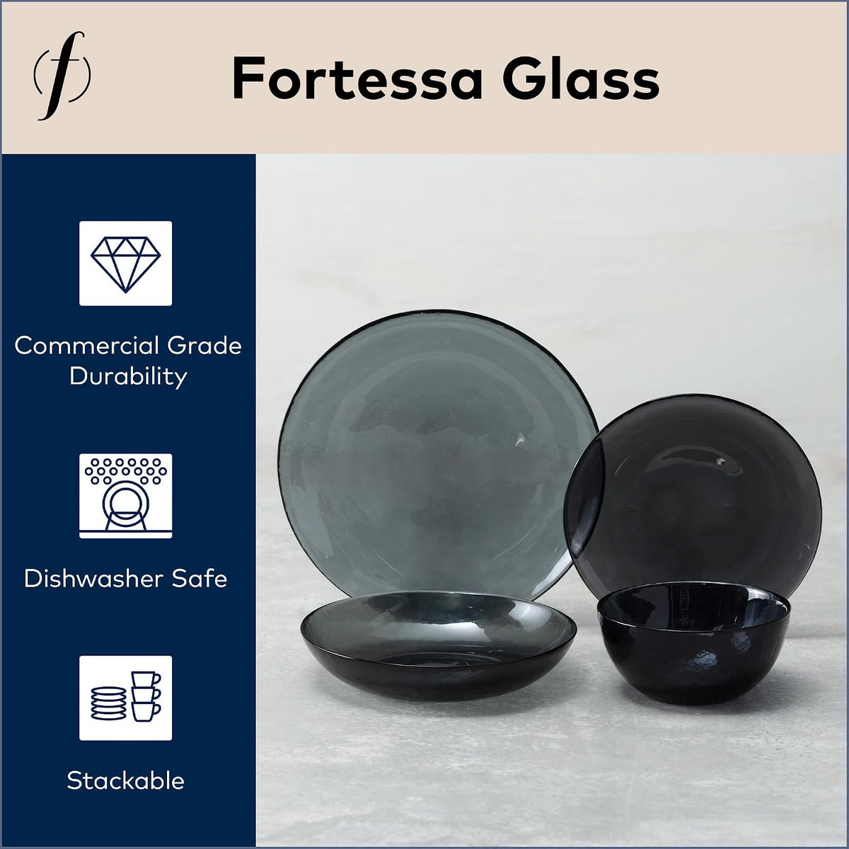 FORTESSA Los Cabos Tableware, 16-Piece Glass Dinnerware Set with 4 Dinner Plates, 4 Salad Plates, 4 Coupe Bowls and 4 Cereal Bowls, Dishwasher-Safe Glass Plate Set, Shadow Black