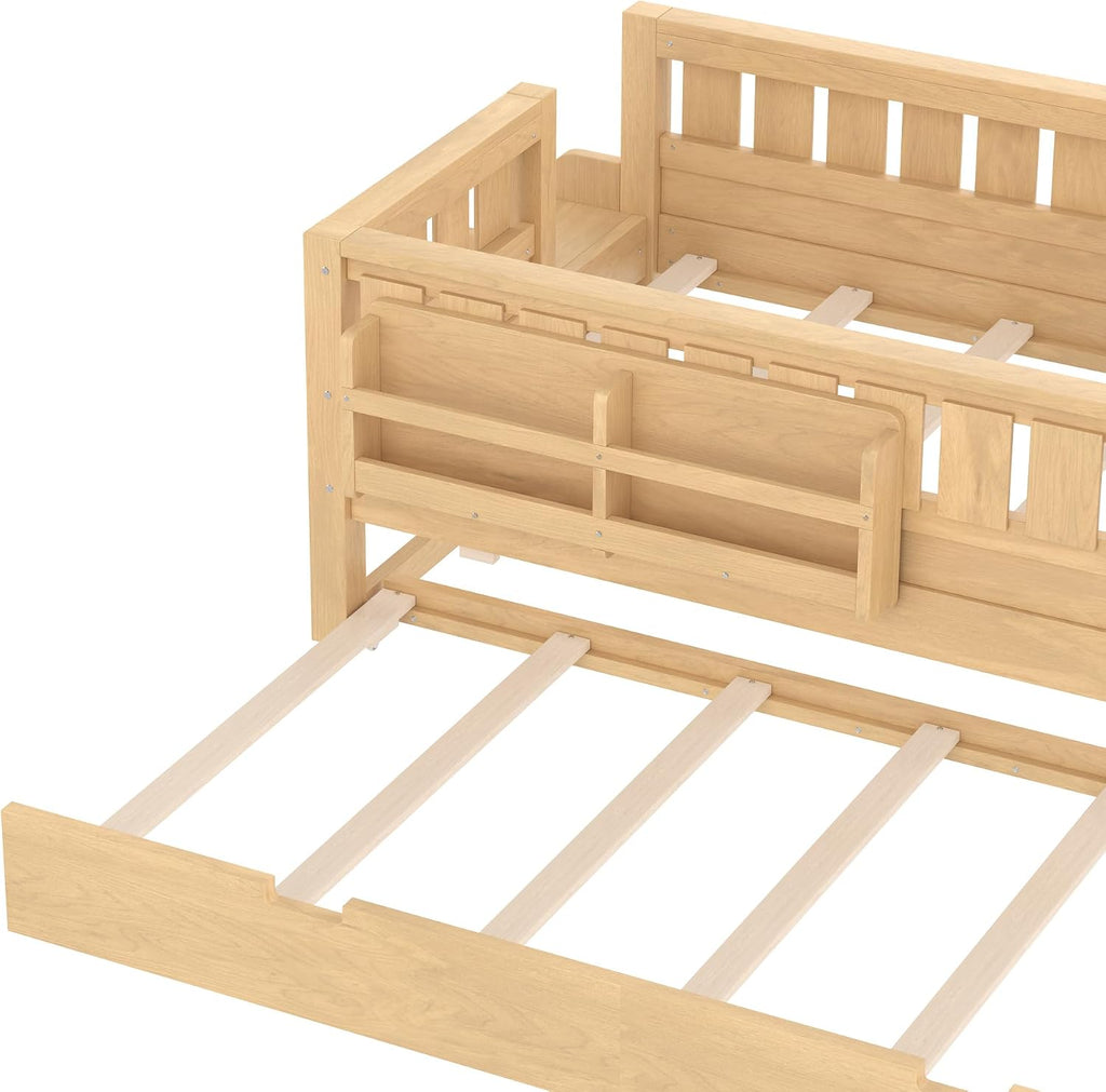 Bellemave Twin Bed with Trundle Twin and Stairs, Twin Size Platform Bed Frame with Fence and Bookshelf, Easy Assemble Beds for Kids, Girls, Boys, Light Natural