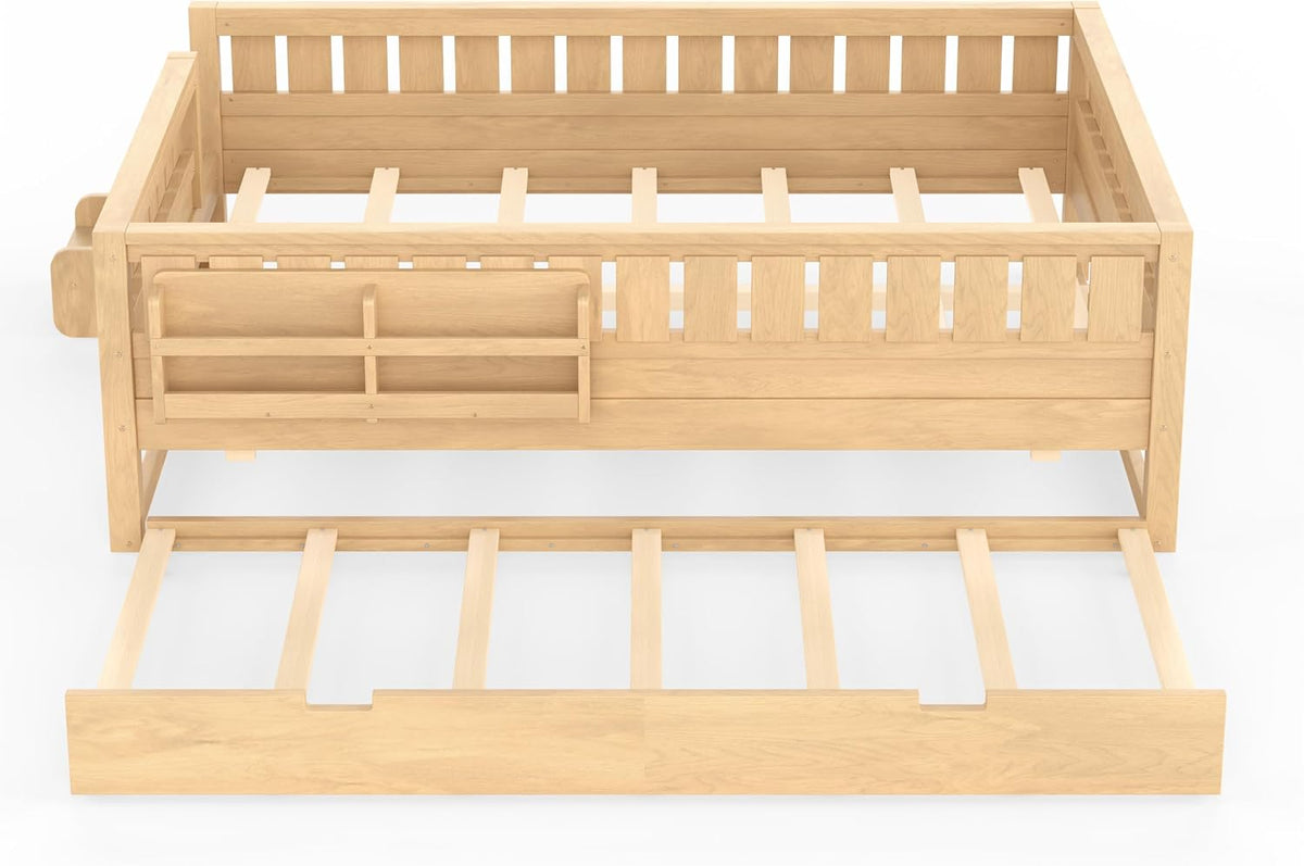 Bellemave Queen Bed with Trundle and Stairs, Queen Size Platform Bed Frame with Fence and Bookshelf, Easy Assemble Beds for Kids, Girls, Boys, Light Natural