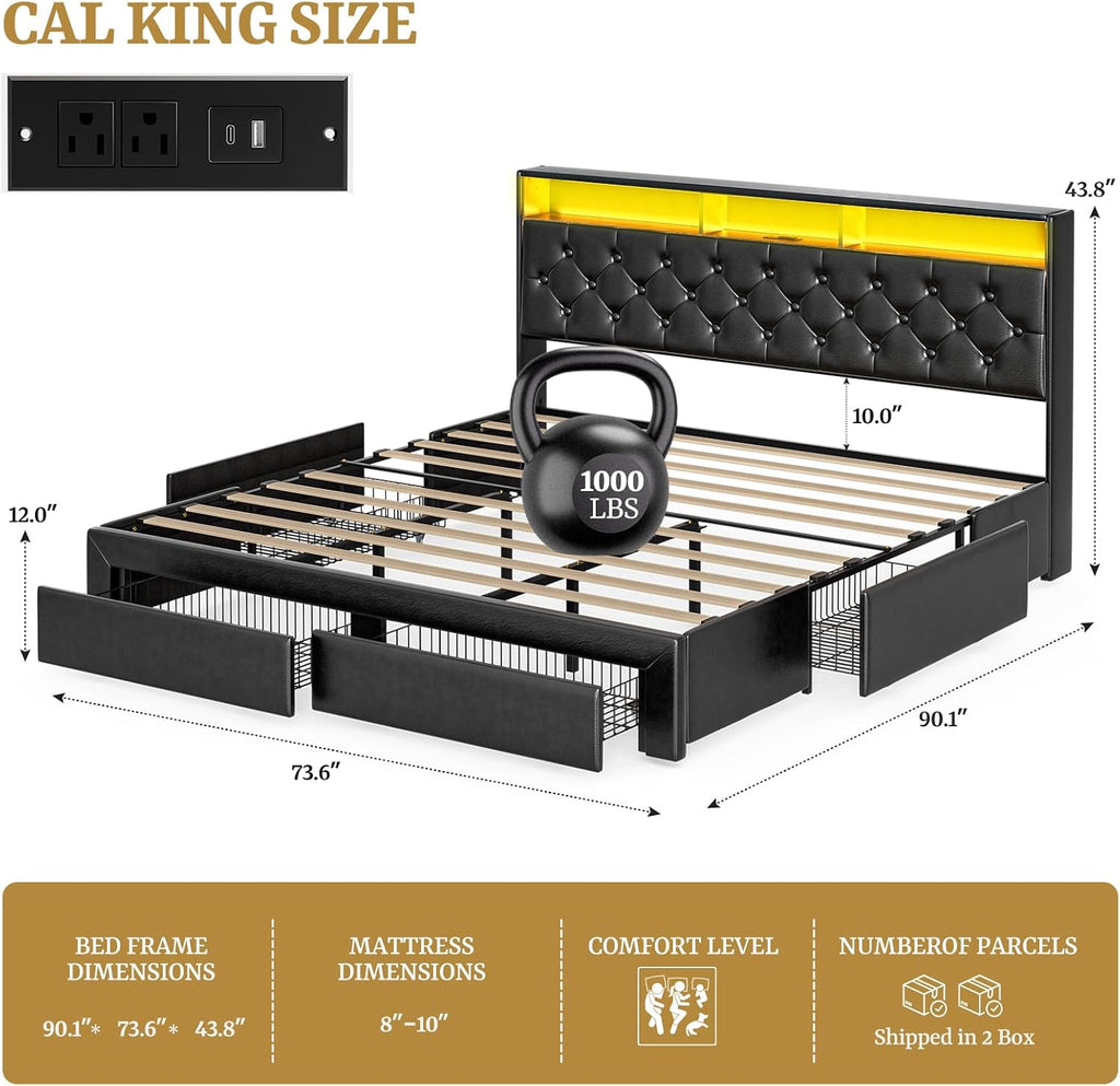 IKIFLY California King Bed Frames with 4 Drawers & Hidden Storage Headboard, Upholstered Cal King LED Platform Bed with Type-C Charging Station, No Box Spring Needed, Wood Slats, Noise Free (Black)