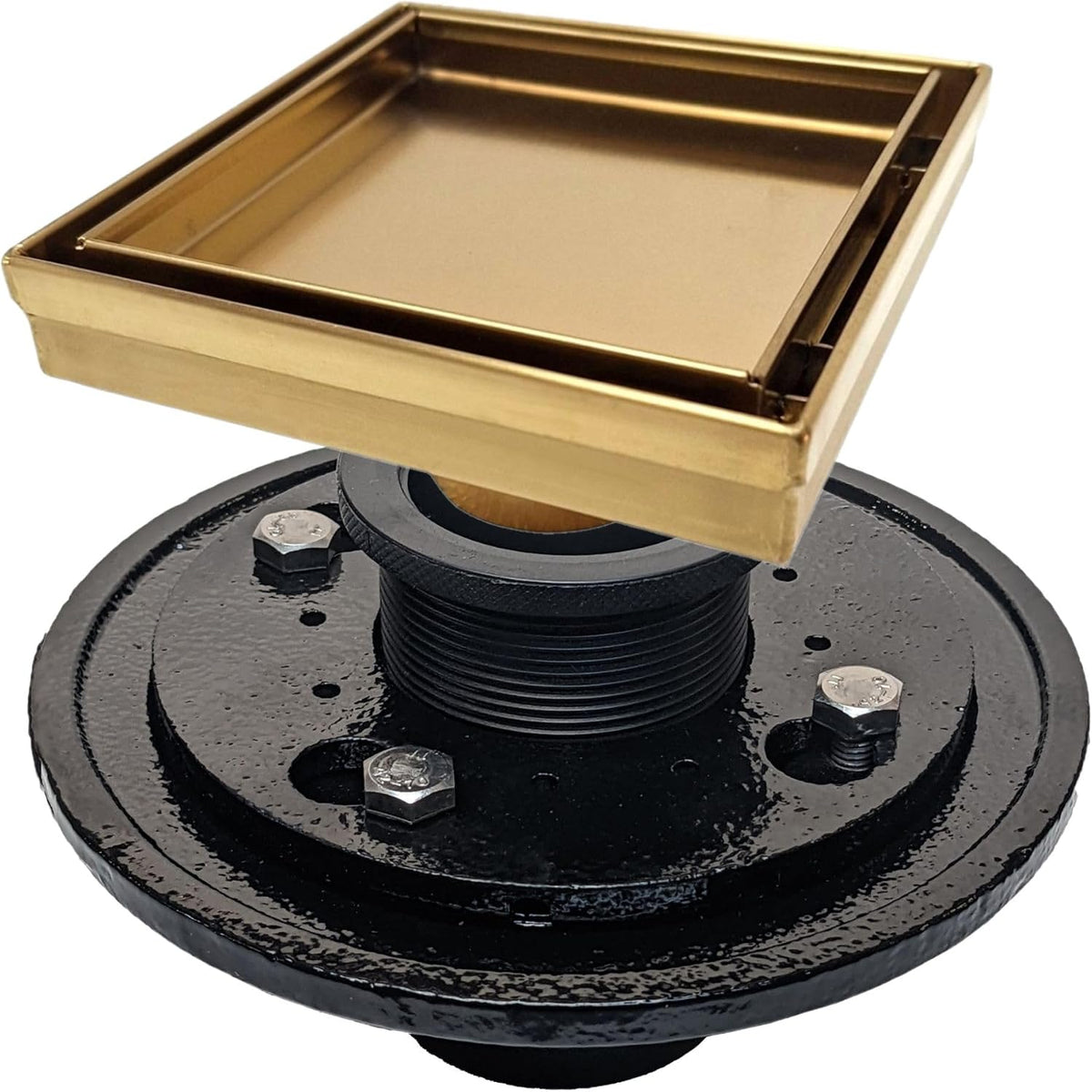 SereneDrains 304 Stainless Steel Tile in Square Brushed Gold Shower Drain Kit with A Base Hair Catcher Strainer Grate Brass Cover Bathroom Floor Insert (Matte Gold, Cast Iron)