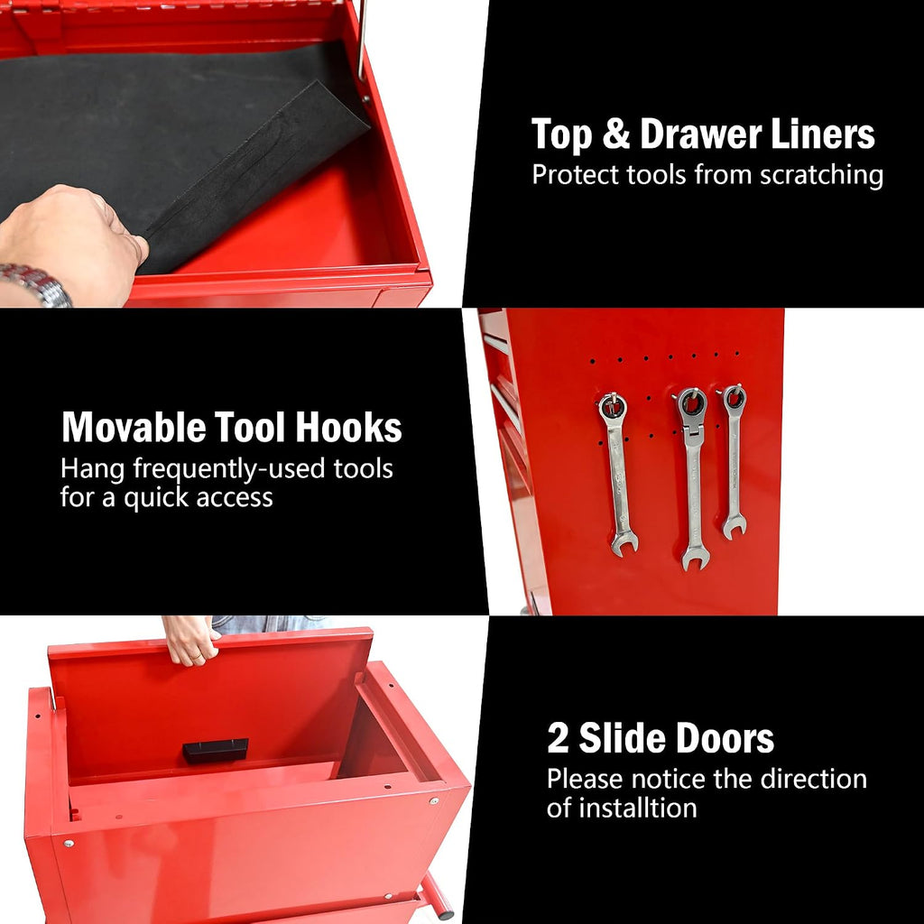 6-Drawer Tool Chest, 3-in-1 Rolling Tool Box with Detachable Top Toolbox & Key Lock,Tool Cabinet with Protective Liner & Universal Lockable Wheels,Metal Storage Cart for Garage,Workshop (Red)