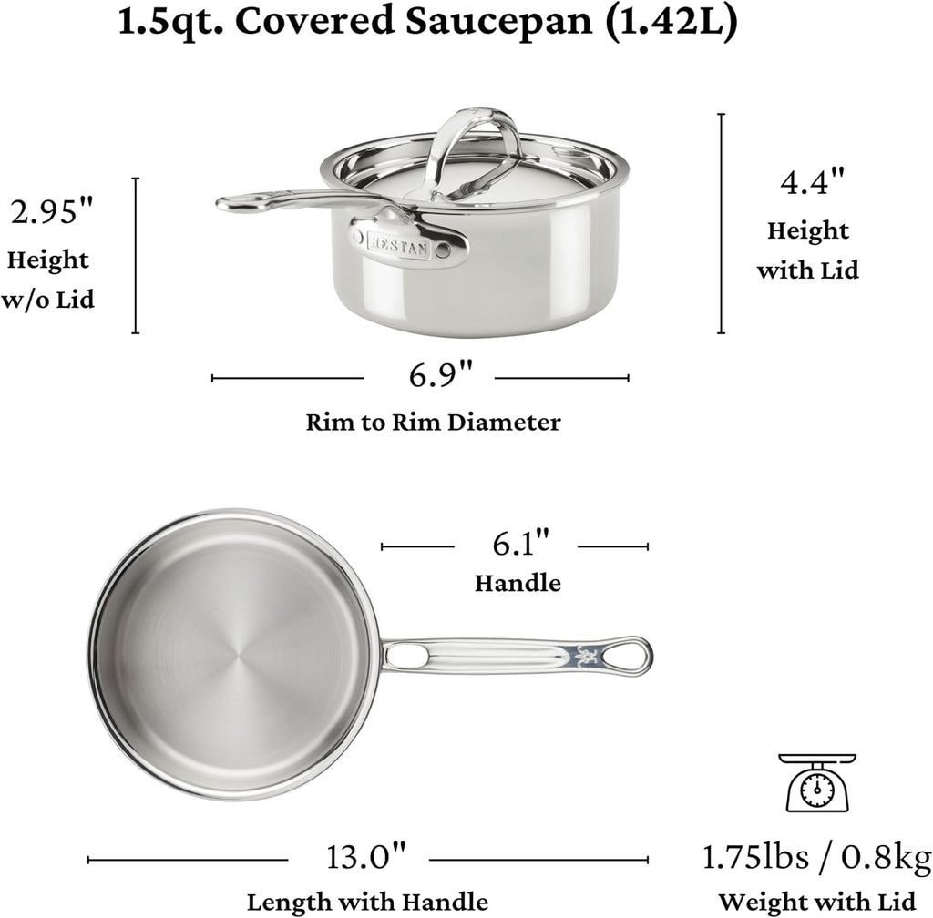 Hestan ProBond Luxe 1.5-Quart Saucepan with Lid, Professional Clad Stainless Steel, ProCore Tri-Ply Clad Construction, Polished Exterior, Induction & Oven Safe