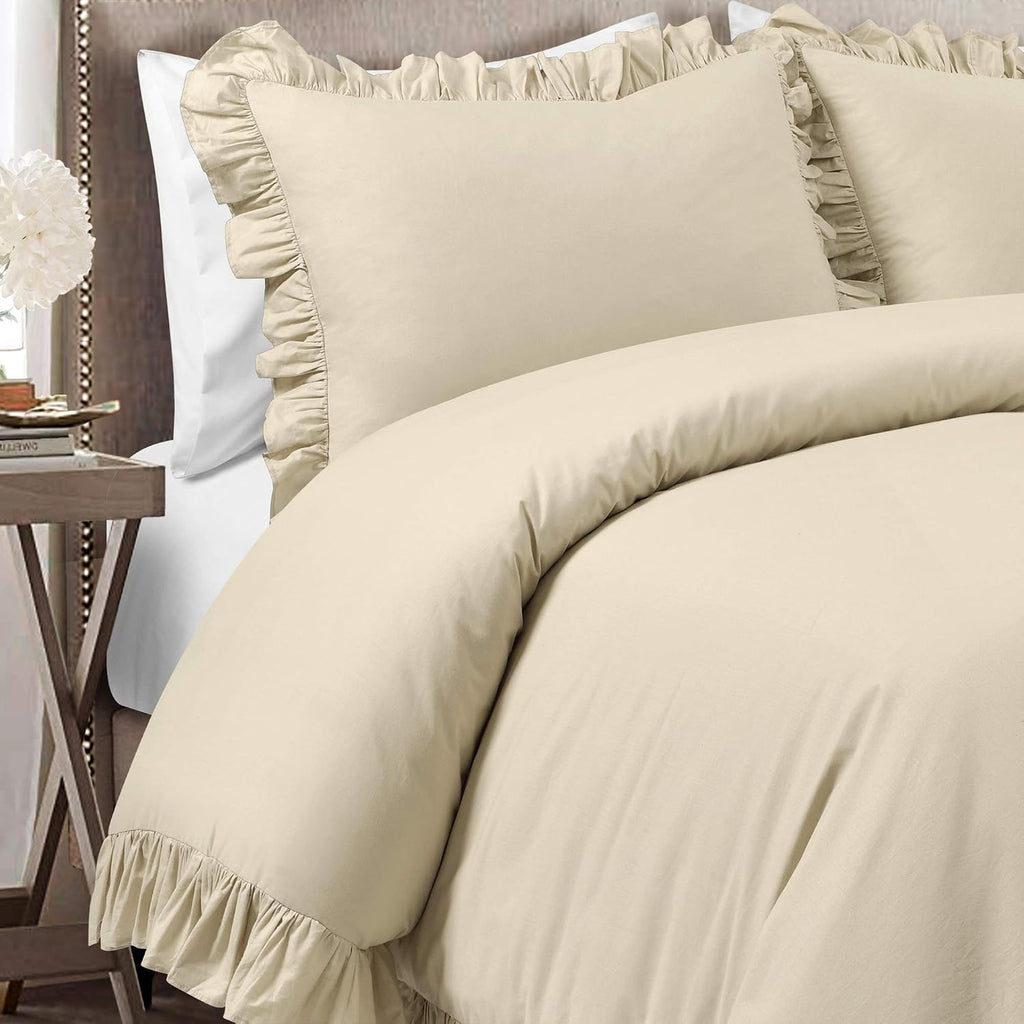 Lush Decor Reyna Ruffle Cotton Duvet Cover Set 3 Piece Set Full/ Queen, Wheat - Queen Size Bedding Set - Beige Duvet Queen- Ruffled Bedding - Coquette Decor