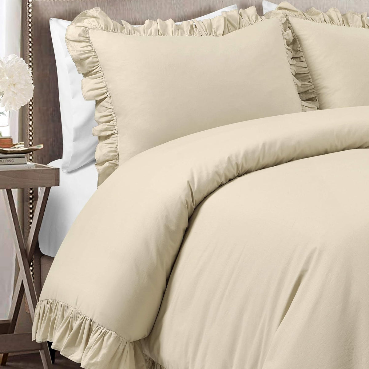 Lush Decor Reyna Ruffle Cotton Duvet Cover Set 3 Piece Set Full/ Queen, Wheat - Queen Size Bedding Set - Beige Duvet Queen- Ruffled Bedding - Coquette Decor