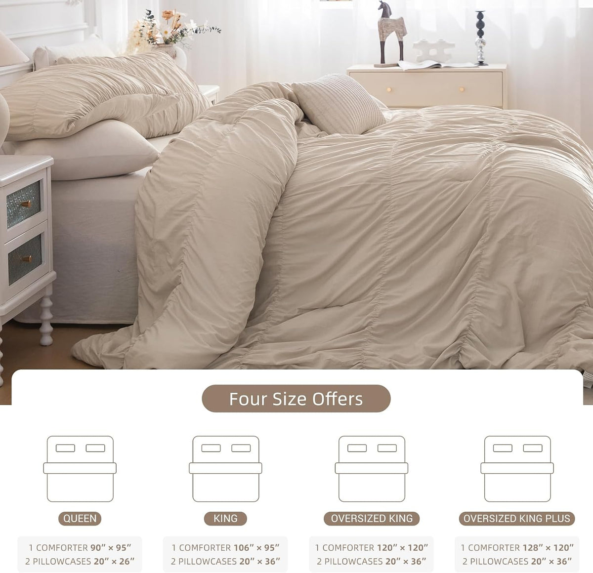 Lady Ann Oversized King Bed Comforter Set- Wheat Ruched Boho 128 x 120 Comforter Set for Bedroom, 3 Piece Fluffy Bedroom Set with Pillow Shams Soft All Season Bed Sets