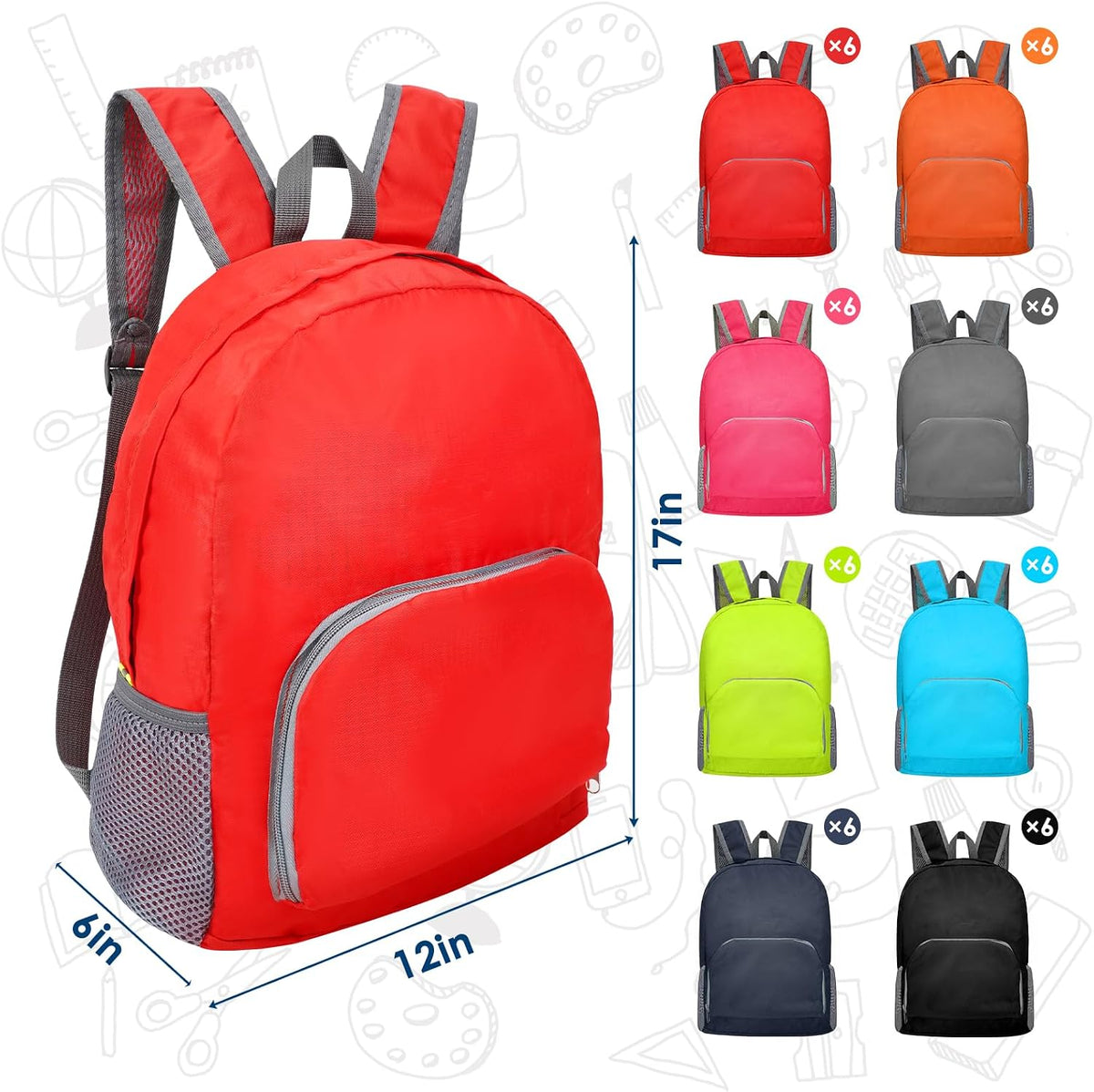48 Pcs 17 Inch Backpack in Bulk Foldable Classic Back Packs Colorful Book Bags Assorted Colors Lightweight Bookbags for Outdoor Travel Student School Supply 8 Colors