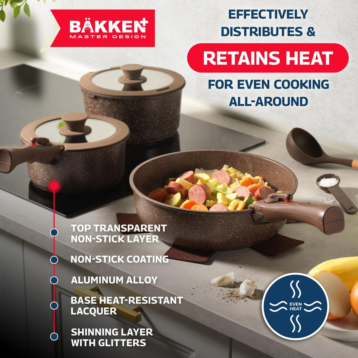 Bakken Master 38 Piece Granite Cookware and Bakeware Set – Nonstick Granite Coating, Pots and Pans with Detachable Handles and Tempered Glass Lids, 6-piece Bakeware set, 12-piece Mixing Bowls,Brown