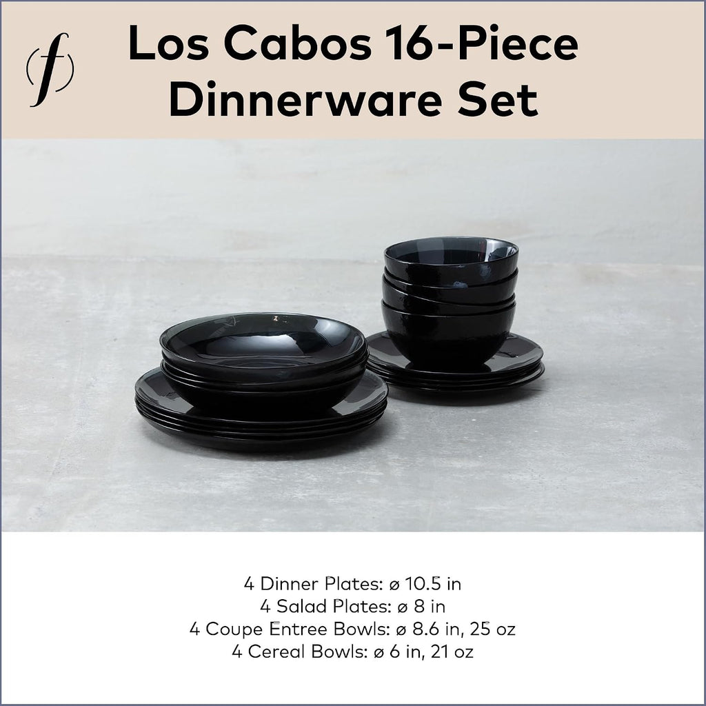 FORTESSA Los Cabos Tableware, 16-Piece Glass Dinnerware Set with 4 Dinner Plates, 4 Salad Plates, 4 Coupe Bowls and 4 Cereal Bowls, Dishwasher-Safe Glass Plate Set, Shadow Black