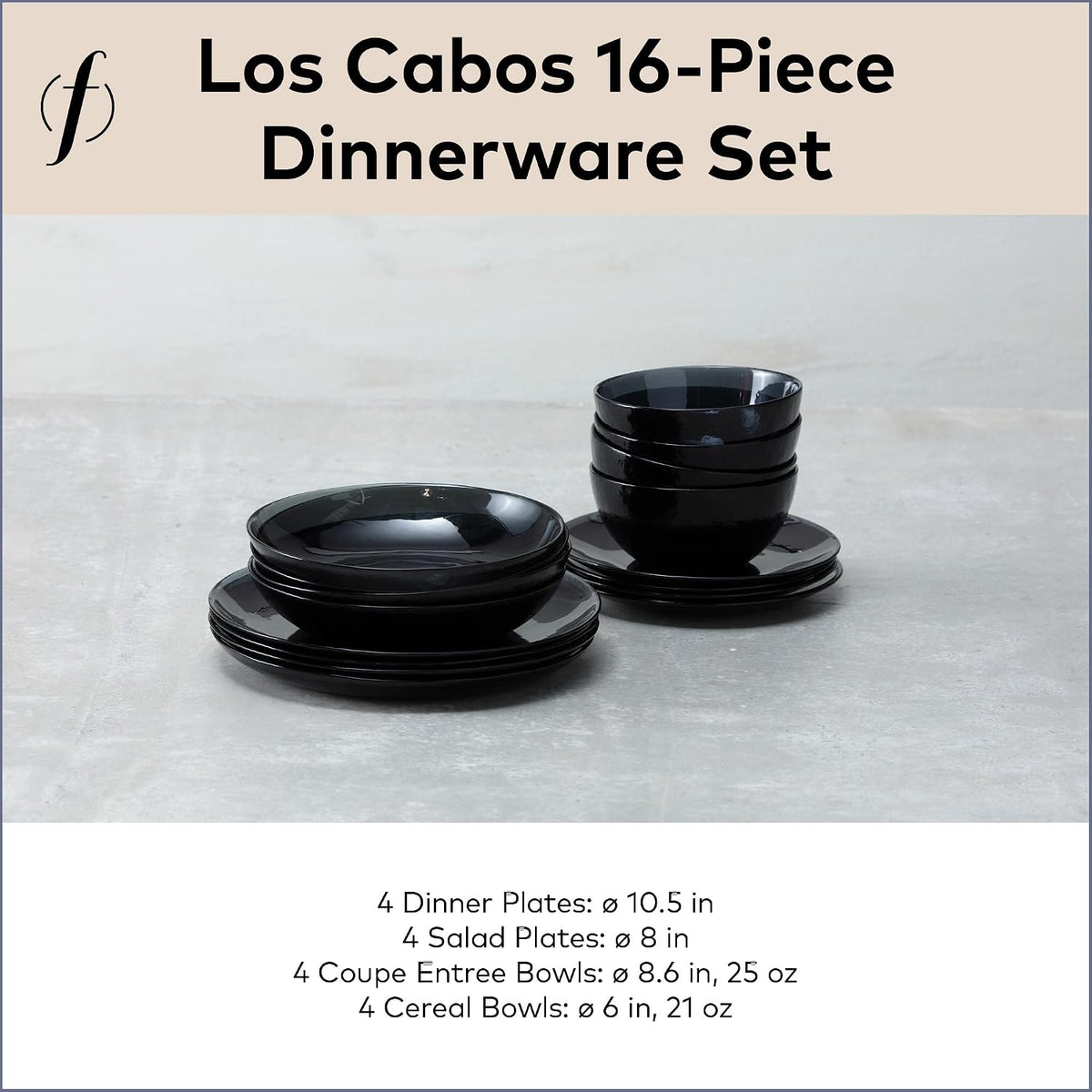 FORTESSA Los Cabos Tableware, 16-Piece Glass Dinnerware Set with 4 Dinner Plates, 4 Salad Plates, 4 Coupe Bowls and 4 Cereal Bowls, Dishwasher-Safe Glass Plate Set, Shadow Black