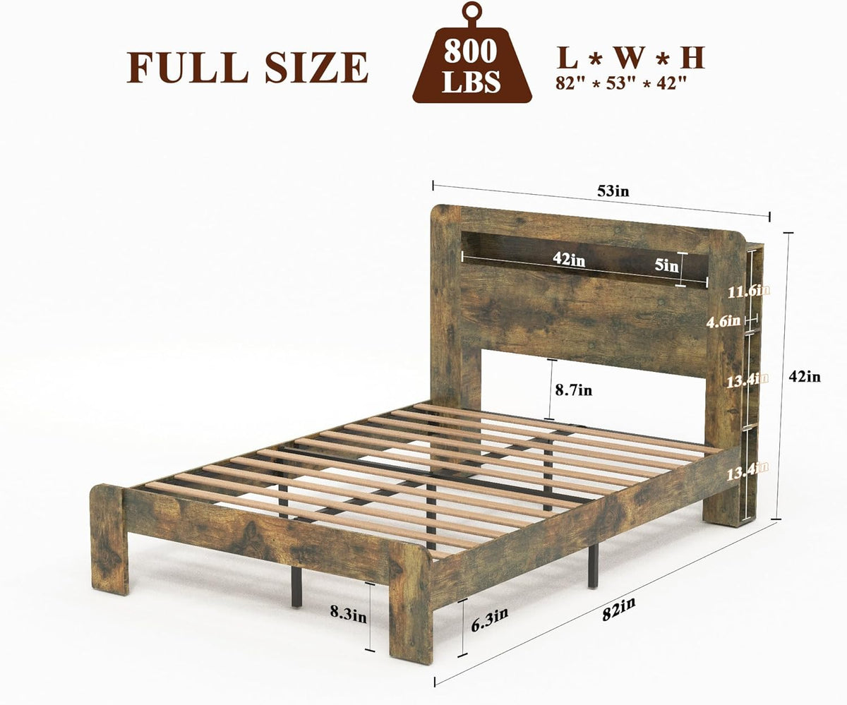 Ball & Cast Full Size Bed Frame with Storage Headboard,Wood Platform Full Bed with LED Light & USB Port,Noise Free,No Box Spring Needed,Easy Assembly,Dark Brown