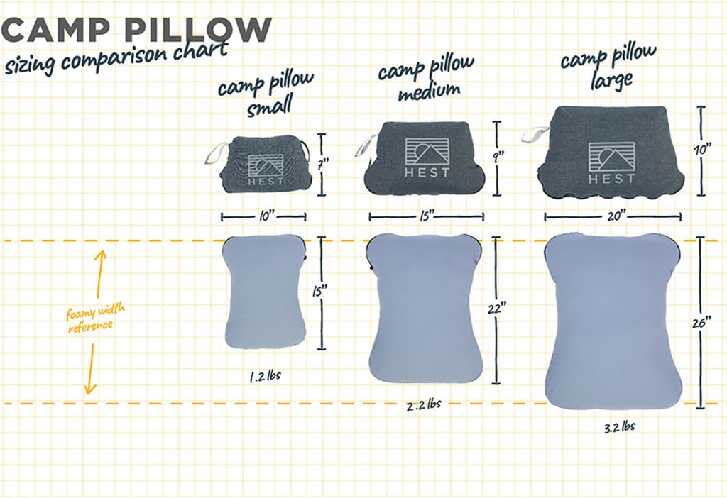 HEST Camp Pillow (Large) - Temperature Resilient Memory Foam - Essential for Camping, Backpacking, and Outdoor Adventures - Compact Packable Travel Pillow - 20' L x 26' W