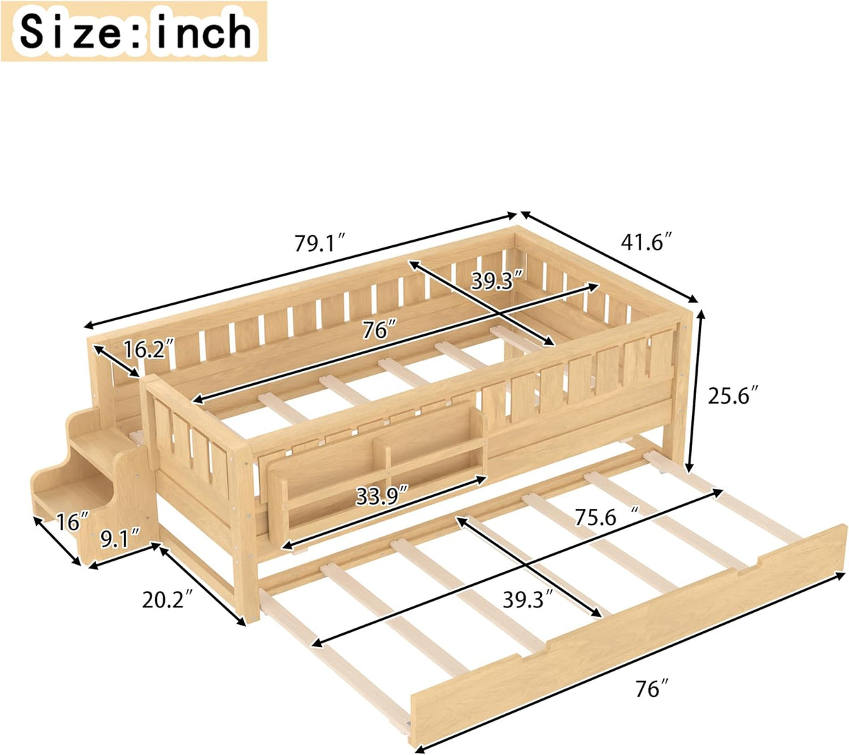 Bellemave Twin Bed with Trundle Twin and Stairs, Twin Size Platform Bed Frame with Fence and Bookshelf, Easy Assemble Beds for Kids, Girls, Boys, Light Natural