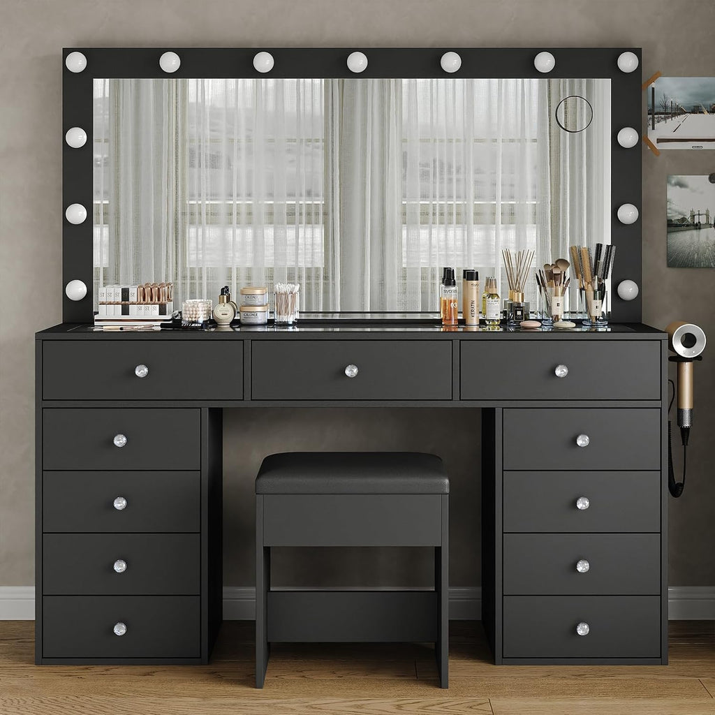 Yanosaku 11 Drawers Makeup Vanity with Charging Station, Vanity Desk with 13 LED Bulbs and HD Mirror, 3 Color Brightness Adjustable, Glass Top Vanity Set for Bedroom, Black