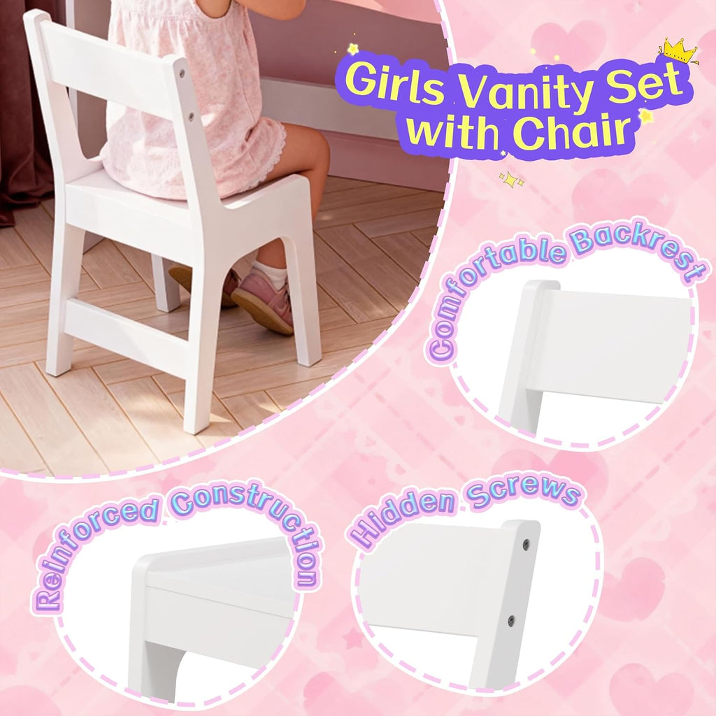 Teckid Kids Vanity Table and Chair Set with Lights, Toddler Vanity Desk for Girls, Princess Makeup Vanity for Kids with Storage Shelves, Open Bookshelf and Stools, White