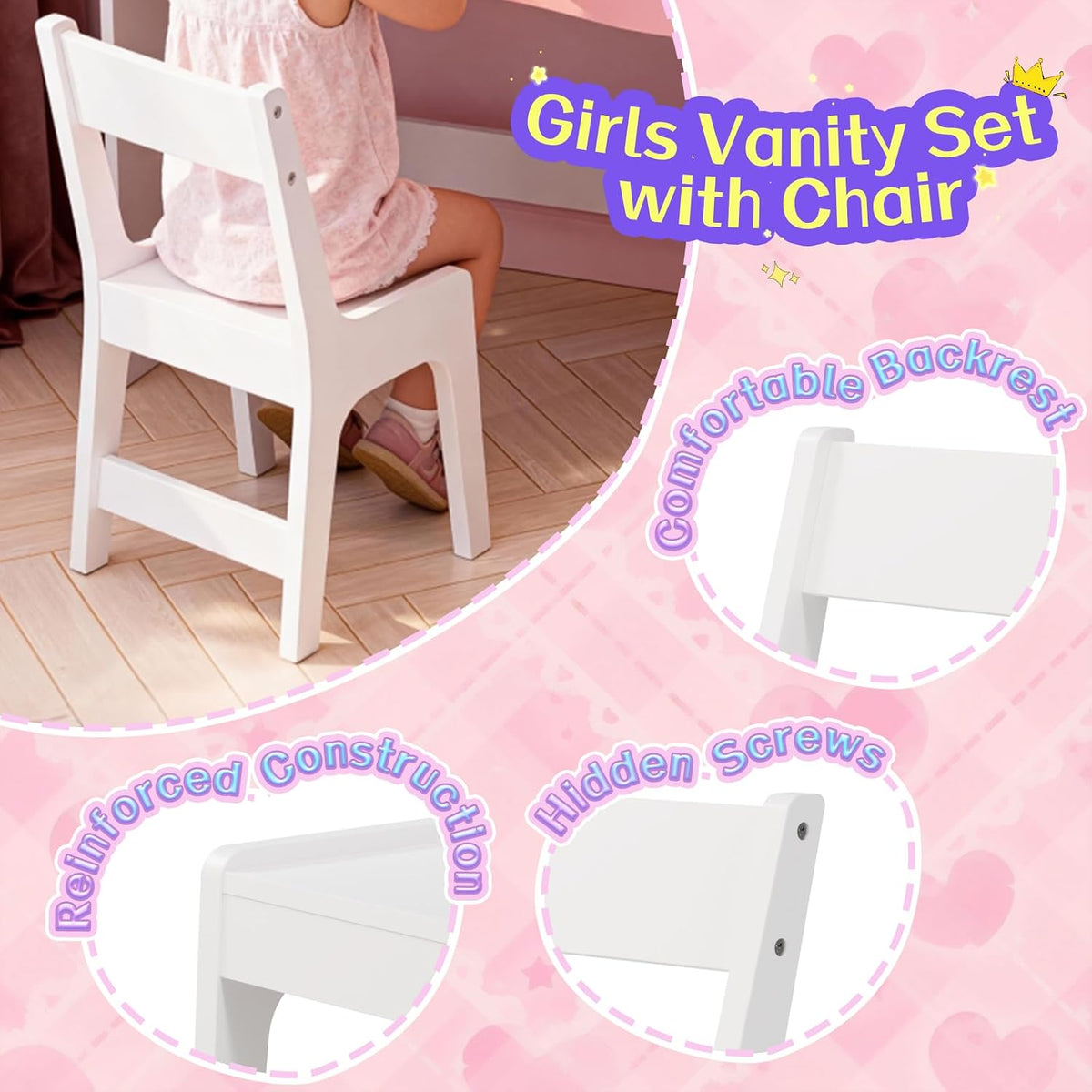 Teckid Kids Vanity Table and Chair Set with Lights, Toddler Vanity Desk for Girls, Princess Makeup Vanity for Kids with Storage Shelves, Open Bookshelf and Stools, White