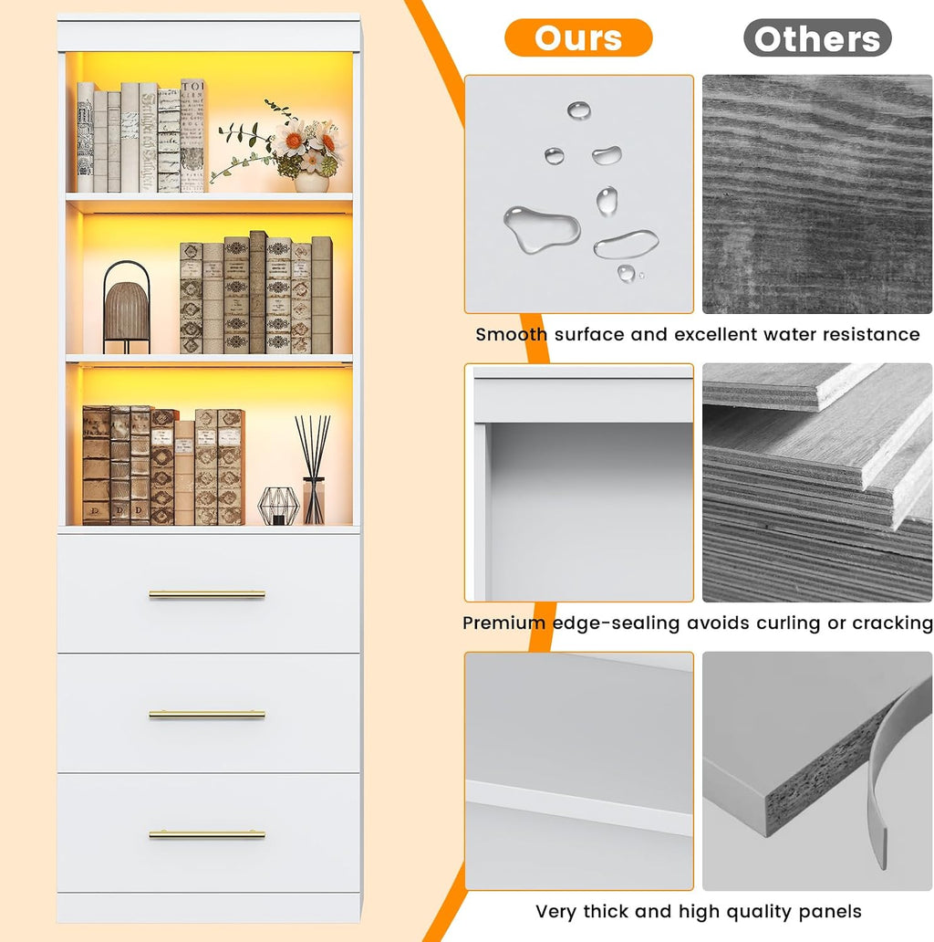 Winkalon 71'H White Bookshelf with LED Light, Bookcase and Bookshelf with Drawers, Tall Bookcase Tall Storage Cabinet 3-Tier Open Shelves for Home Office Living Room Hallway, 13.8'D x 23.6'W x 70.9'H