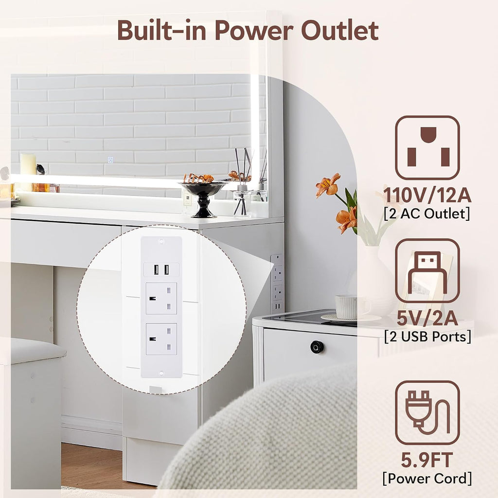 TUKAILAi 46.1' Large Vanity Desk with Mirror and LED Lights,7 Drawers & Power Outlet, White Modern Makeup Vanity Desk with PU Cushion Stool, Touch Control 3 Color Modes Dressing Table Set for Bedroom