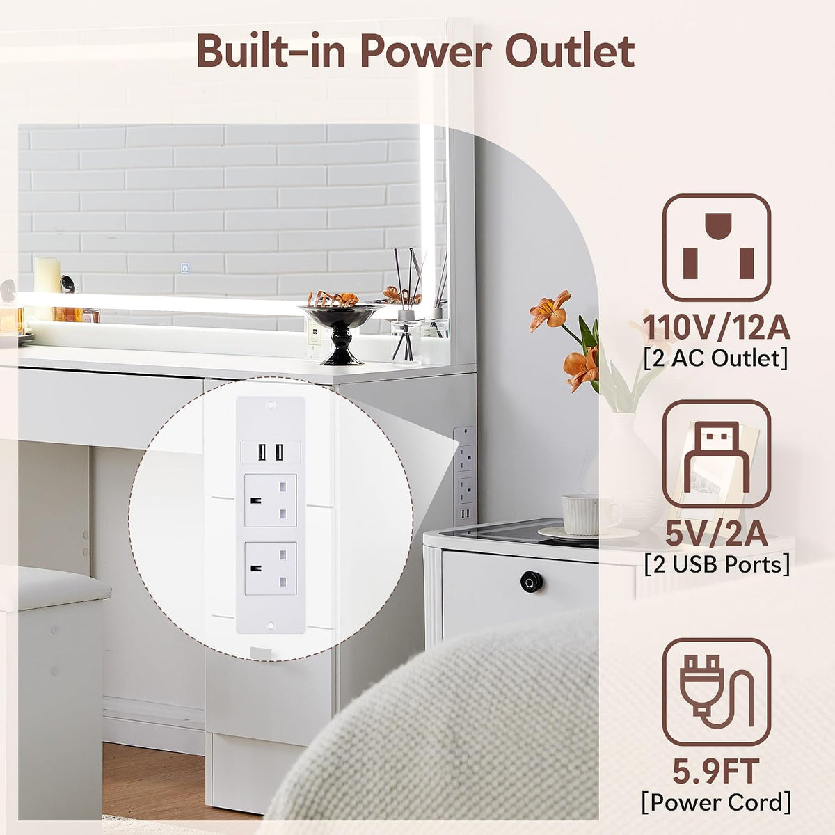 TUKAILAi 46.1' Large Vanity Desk with Mirror and LED Lights,7 Drawers & Power Outlet, White Modern Makeup Vanity Desk with PU Cushion Stool, Touch Control 3 Color Modes Dressing Table Set for Bedroom