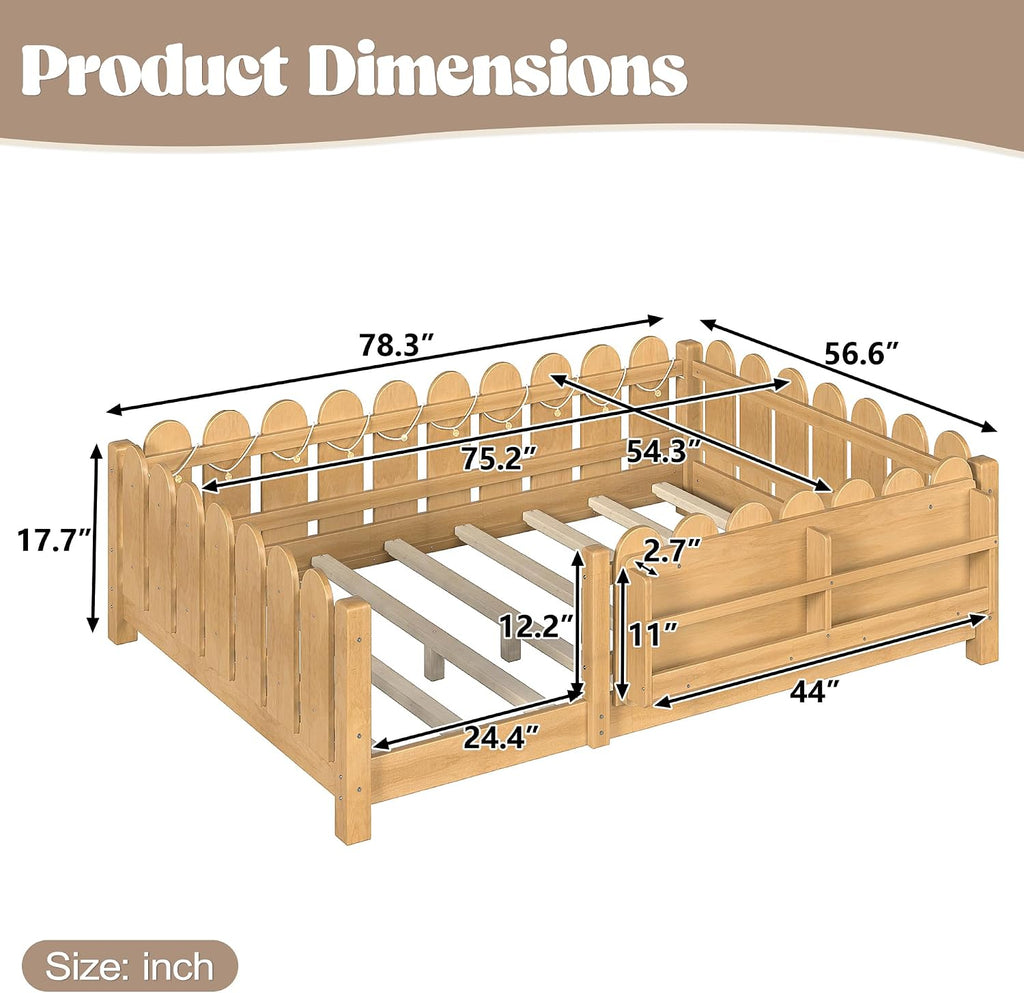 Bellemave Full Size Floor Bed with Rails and Slats, Full Size Montessori Floor Bed with Bookshelf, Fence and Lights, Low Profile Montessori Beds Frame for Girls, Boys, Light Natural