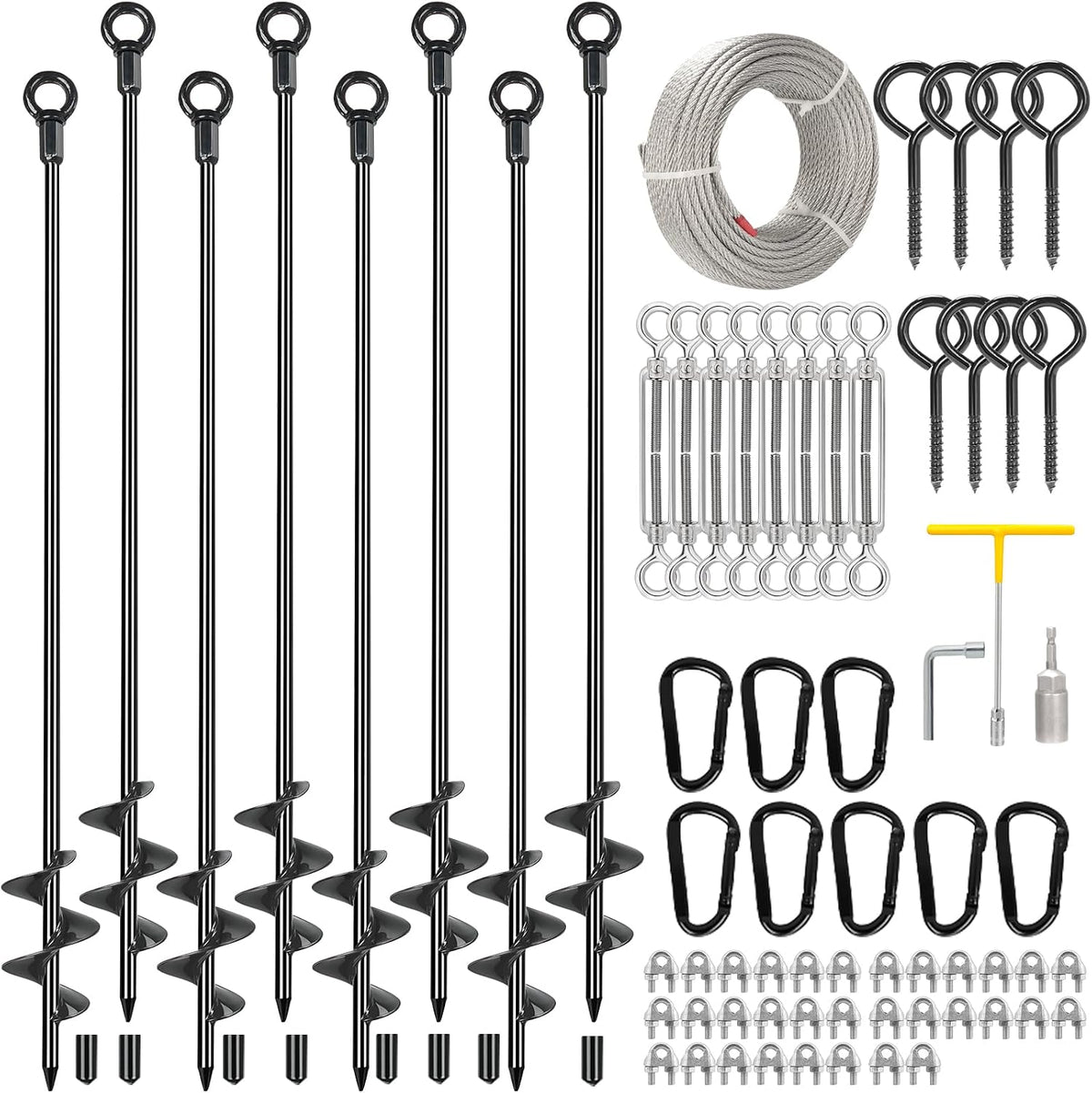 8 Pcs 30' Ground Anchors Heavy Duty Shed Anchor Kit with 3/16 Galvanized Cable & Turnbuckles, Triple-Turn Helix Earth Anchors for Carport Canopy Gazebo Trampoline Swingset Mobile Home