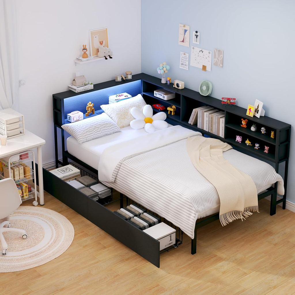Corner Bed Frame Twin with Storage, L Shaped Daybed for Kids, Twin Corner Bed with Drawers, Shelves, RGB LED Lights & Charging Station, Sturdy Metal Kids Twin Bed for Girls Boys,Black