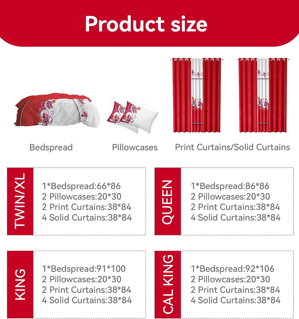 9 Pcs Cal King Bed in a Bag with Curtains | Red Boho Butterfly Bedspread, Pillowcases, Print & Solid Curtains | Microfiber, Moisture-Wicking | Bedspread and Curtain Sets | RV & Outdoor Ready