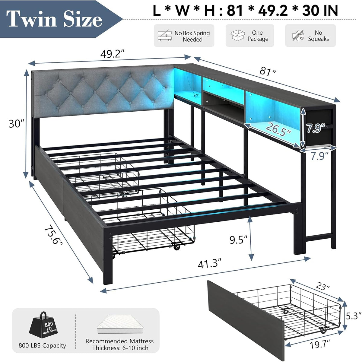 Corner Bed Frame Twin Size with Storage Bookcase and Headboard, Platform Corner Bed with LED Lights and Charging Station, Twin Size Daybed with Storage Drawers for Kids Teens Guests, Dark Gray