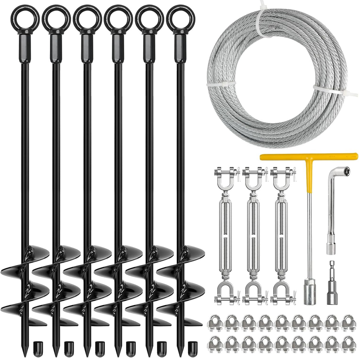 6 Pack 30' Heavy Duty Ground Anchors Shed Anchors Kit with 3/16' Galvanized Cable & 1/4' Jaw and Jaw Turnbuckle, Earth Anchors for Mobile Home Carport Gazebo Trampoline Swingset Tent
